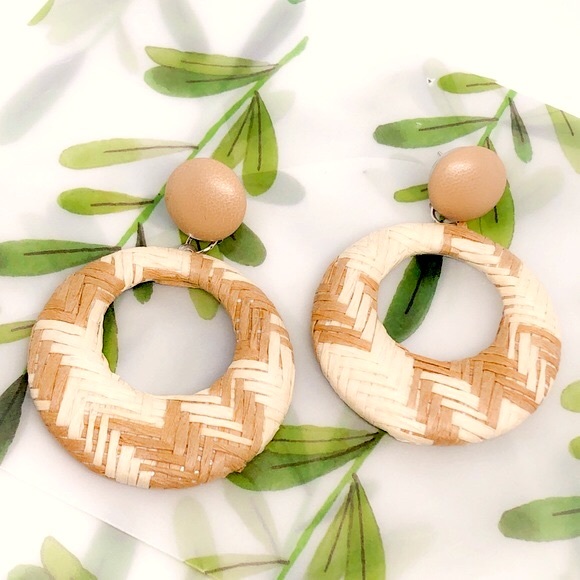 Jewelry - Tan Woven Rattan Geometric Hoop Earrings